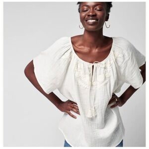 FAHERTY Bohemian White Embroidered Organic Cotton Trapeze Top Size Large